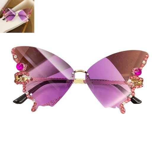 1 stuk - Nieuwe vlindervormige zonnebril - Diamanten randloze zonnebril voor vrouwen - Europese en Amerikaanse modebrillen - Diamanten vlinderzonnebril voor vrouwen - Vlinderbril - Paars met kleurverloop van Merkloos