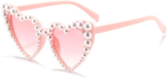 1 x hartbril voor dames, retro zonnebril, hart, montuur met parels, bril, zonnebril met hart, voor reizen voor vrouwen, zomerfeesten (roze)