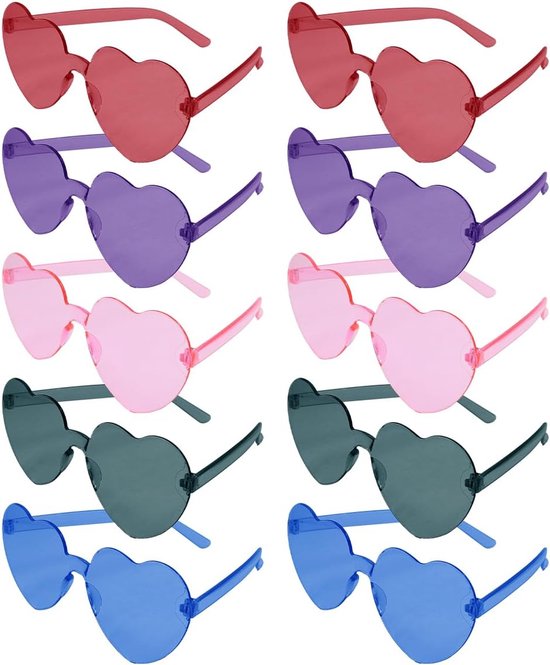 10 Pack Hart Bril Love Randloze Zonnebril Transparant Gekleurde Hart Bril Multipack Mode Funky Brillen voor Vrouwen Mannen Kinderen