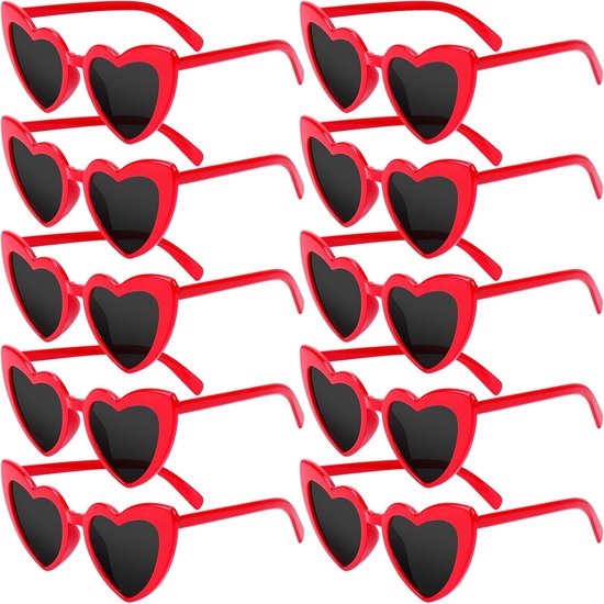 10 stuks hartvormige zonnebril, vintage hartvormige bril, retro kattenoog, liefdesbril, multipack, modieus, funky brillen voor vrouwen, vrijgezellenfeest, 10 Pack Rood, 15 cm