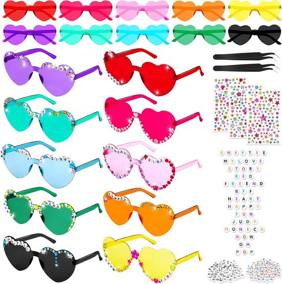 10x Hartvormige Zonnebril voor DIY & Feestdecoratie - Inclusief Kralen en Strass