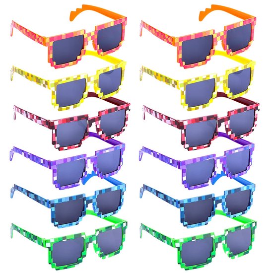 12 Pairs Sunglasses Eyeglasses for Kids, Colored Frame Sunglasses Teens Plastic Sunglasses Children Adults for Birthday Miners Game Party Favors (6 Colors) van Merkloos