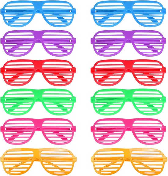 12 Stuks Neon Kleur Shutter Brillen Jaren 80 Stijl Feestaccessoire van Merkloos
