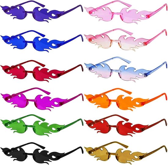 12 stuks, vlammen, zonnebril, grappige vlammen, partybril, set randloze hippiebril, kleurrijke brillen, leuk voor carnaval, foto-rekwisieten voor kinderen en volwassenen