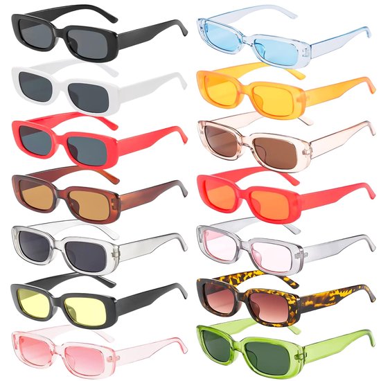 14 stuks vintage rechthoekige zonnebrillen: 90s retro brillenset, retro bril met UV-bescherming, trendy accessoire voor dames en heren, ideaal voor feestjes, verjaardagen van Merkloos