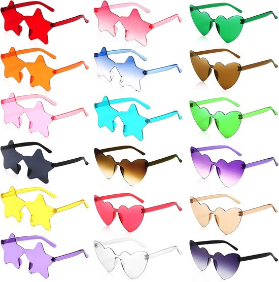 18 stuks Hippie Hart/Ster Bril, Retro Zonnebril, Transparante Snoep Kleur Zonnebril voor Verjaardagsfeestje, Halloween, Dagelijks Gebruik, Foto Rekwisieten, Jongens en Meisjes