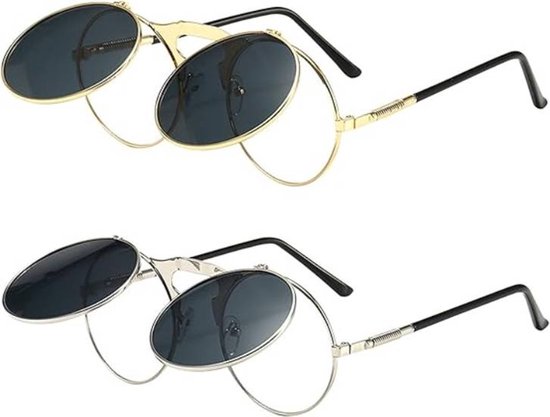 2 paar ronde dameszonnebrillen met opklapbare glazen, metalen montuur voor heren, UV400-bescherming, klassieke retro reis-, vis- en sportbrillen van Merkloos