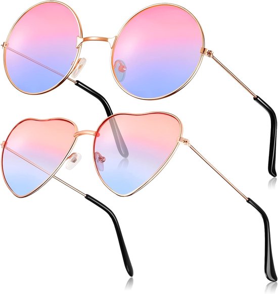 2 Paar Zonnebril Hippies Retro Zonnebril Vintage Ronde Zonnebril Hartvorm Zonnebril voor Kostuum Mannen Vrouwen