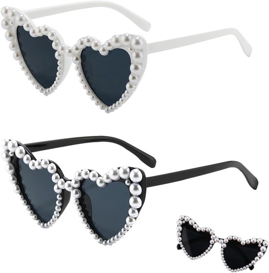 2 Pack hart zonnebril, parel verfraaid vrouwen, vintage hart bril, mode partij bril voor winkelen strand outdoor feest