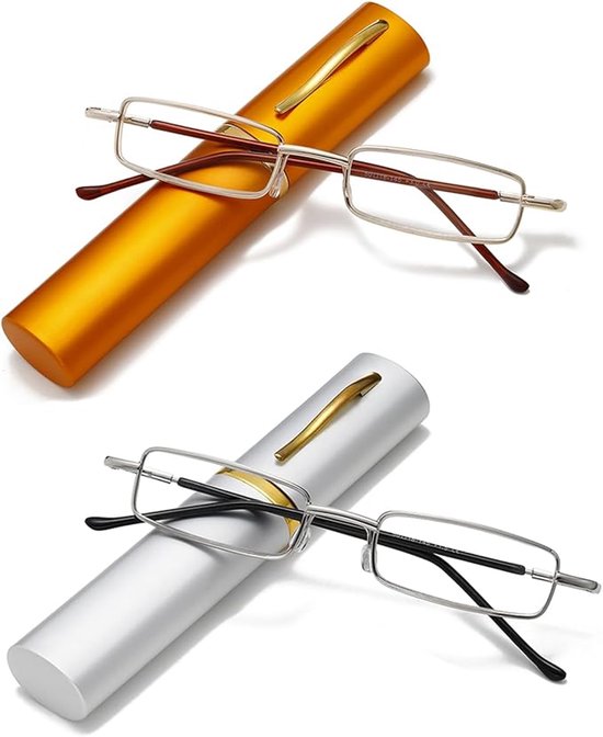 2-pack ultradunne metalen leesbrillen, unisex, met draagbaar clipzakje - 3,0 dioptrie (goud + zilver)