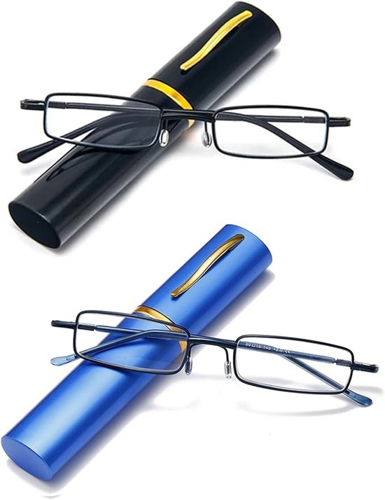 2-pack ultradunne metalen leesbrillen voor unisex met draagbaar clipzakje - 4,0 dioptrie (zwart + blauw) van Merkloos