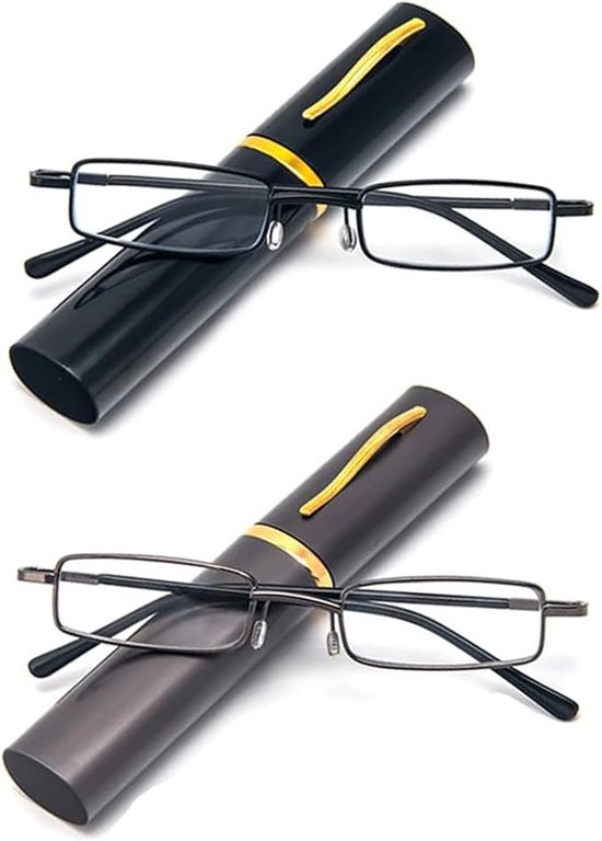 2-pack ultradunne metalen leesbrillen voor unisex met draagbaar clipzakje - 4,0 dioptrie (zwart + grijs) van Kalibri