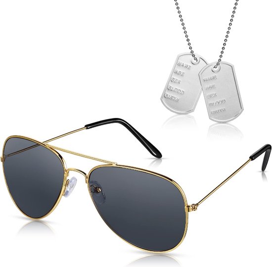 2 pilotenkapitein-kostuums, militaire plaatketting, pilotenzonnebril, halsketting van metaal, zilver, vliegeniersbril, accessoires voor rollenspel in militaire outfit