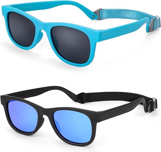 2 stuks - Kinder Zonnebril - UV400-bescherming - Gepolariseerde lens - Flexibele lens - Elastische band - Zonnebril Kind - Geschikt voor kinderen van 2 tot 7 jaar - Zwart, blauw