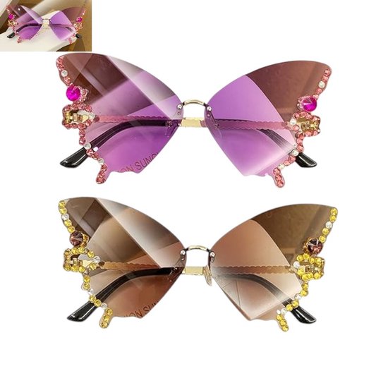 2 stuks - Nieuwe vlinderzonnebril - Diamanten randloze dameszonnebril - Europese en Amerikaanse modebrillen - Paarse gradiënt - Bruine gradiënt - Diamanten vlinderzonnebril voor dames - Vlinderbrillen van Merkloos