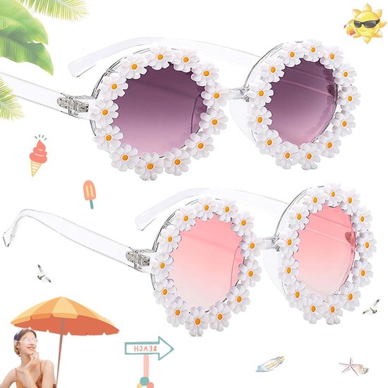 2 Stuks Retro Daisy Ronde Zonnebrillen met Polarisatie, Kleurrijke Zonnebrillen voor het Strand, Hippie Stijl en Bloemenpatroon voor Volwassenen van Merkloos