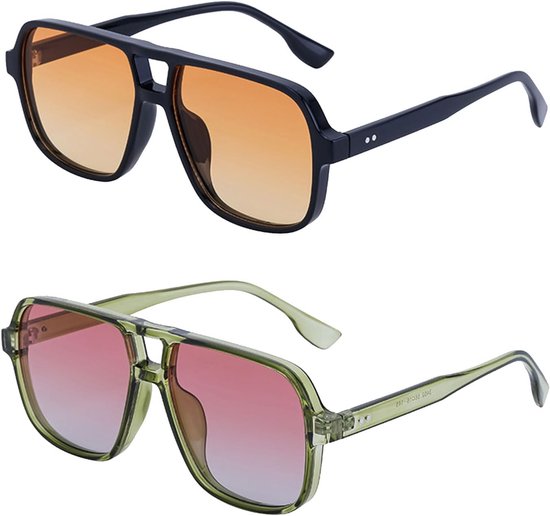 2 stuks retro vierkante pilotenzonnebril voor dames en heren, dubbele brug rechthoekige zonnebril, oversized jaren 80 pilotenzonnebril, vintage getinte brillen, UV400-bescherming voor