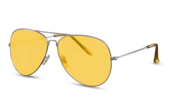 2128 Geel Lens Piloten Zonnebril | Aviator Zonnebril | Retro & Classic Bril | Festival , Rave Bril | Carnavalsbril | Dag/Nacht Zonnebril Dames & Heren | Bril zonder sterkte | Zilver koper montuur | Trendy Party & Outdoor Bril + brillen sleeve & doek