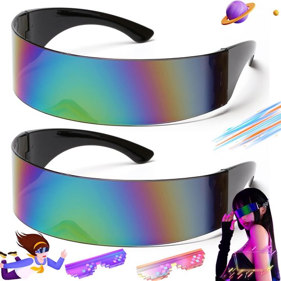2x Futuristisch Zonnebril Smal Cyclops Feestbril Kleurrijk Spiegelglas van Merkloos