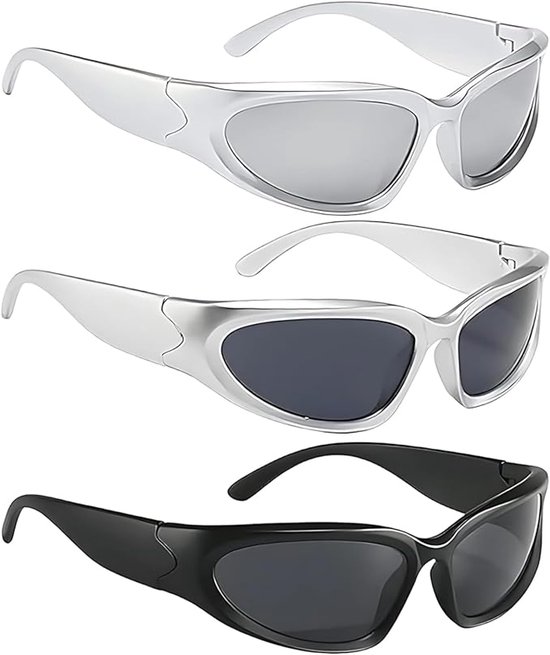 3-delige carnavalszonnebril - Modieuze brillen - Zonnebril - zonnebril heren - zonnebril dames - Brillen - Fietszonnebrillen - PC - Zwart/Zilver van Merkloos