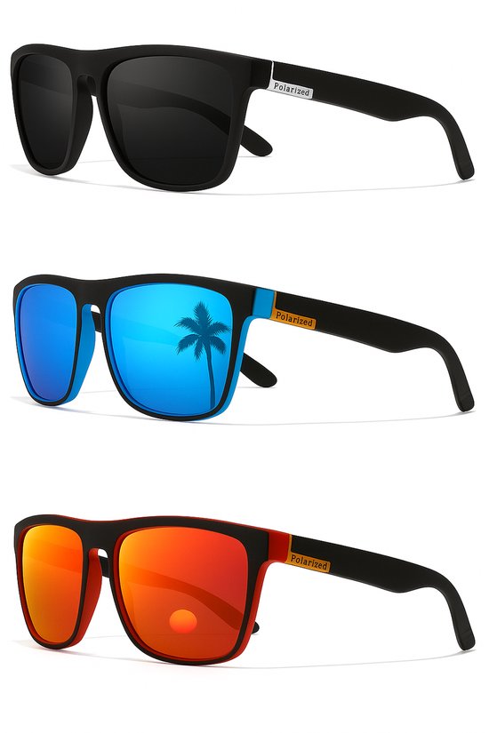 3-delige Zonnebrillen set voor Heren – Gepolariseerde Zonnebril Sportbrillen in Zwart, Blauw & Rood van Merkloos