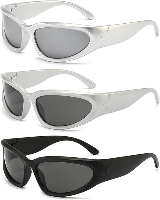 3-delige zonnebrillenset voor dames en heren: Retro Tech Fashion Surround gepolariseerde rechthoekige UV400 fietsbril van Merkloos
