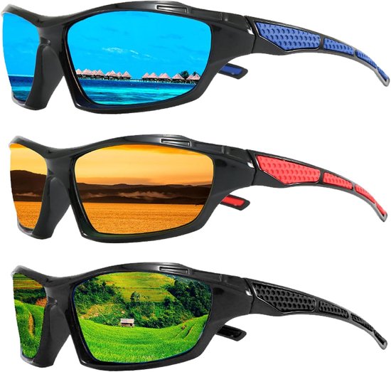 3 paar gepolariseerde sportzonnebril, uniseks, gepolariseerde sportzonnebril, uv-bescherming, voor heren en dames, voor autorijden, klimmen, trekking, fietsen, 3 paar, Meerkleurig.