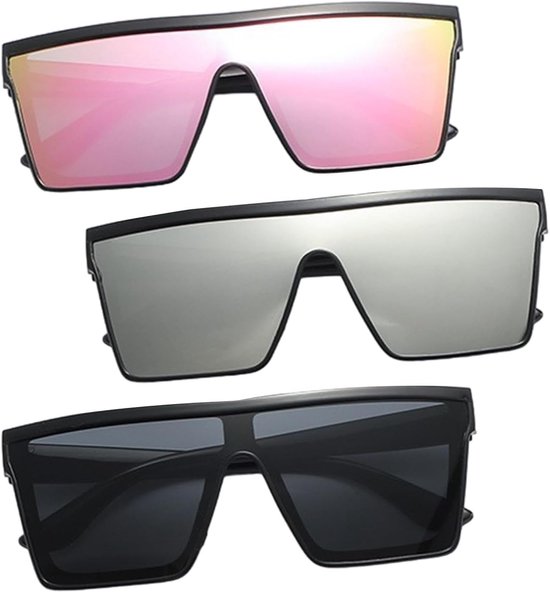 3 paar oversized vierkante zonnebril, platte bovenkant, oversized zonnebril, vierkante zonnebril voor dames en heren, jaren 70 zonnebrillen, steampunk-zonnebril, voor buitenactiviteiten, feest