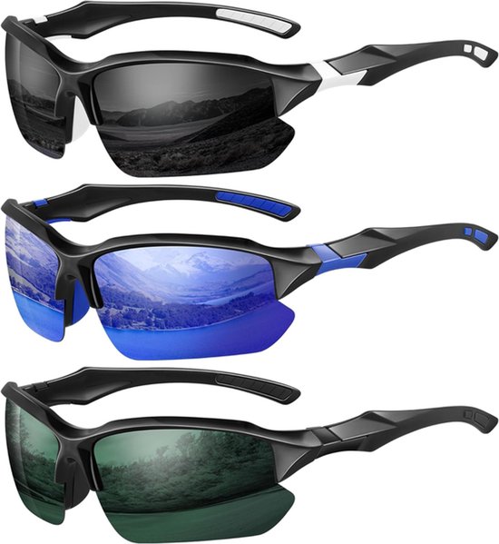 3 paar UV-beschermende gepolariseerde sportzonnebrillen - zonnebril heren - zonnebril - Gepolariseerde sportbrillen - Halfomrande zonnebrillen voor heren - 15*12,2 cm - Zwart + Blauw + donkergroen van Merkloos