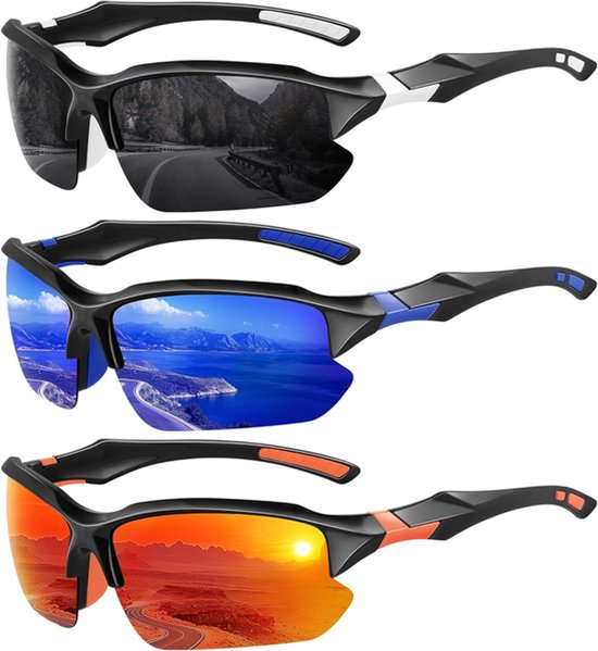 3 paar UV-beschermende gepolariseerde sportzonnebrillen - zonnebril heren - zonnebril - Gepolariseerde sportbrillen - Halfomrande zonnebrillen voor heren - 15*12,2 cm - Zwart + Blauw + Oranje van Merkloos