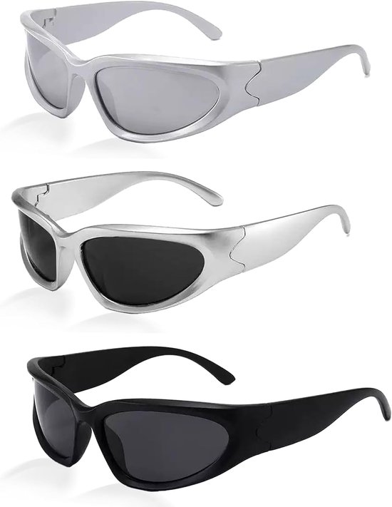 3 Paar Vintage Zonnebril Heren Dames, Y2K Futuristische Rave Zonnebril Lichtgewicht Wrap Around Wielrenbril Rechthoekige Rave Bril