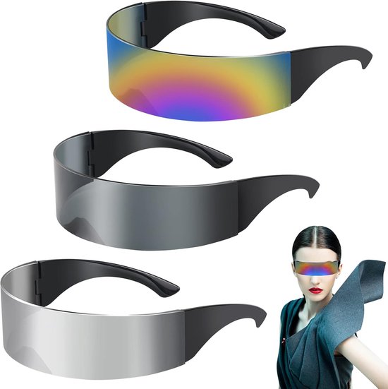 3 Pack Futuristische Bril Smalle Cyclops Zilver Zwart Kleurrijke Zonnebril Gespiegelde Lens Cool Fancy Dress Kostuum Funky Eyewear voor Mannen Vrouwen