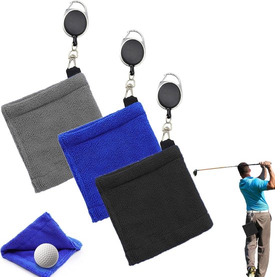 3 stuks - Golfbal Handdoek - Golftas Amfibie Handdoeken - met intrekbare gesp - Zachte en delicate golfhanddoek - Duurzame golfclubreiniger - voor fitness, buitensporten - 12*12 cm - zwart, blauw en grijs van Merkloos