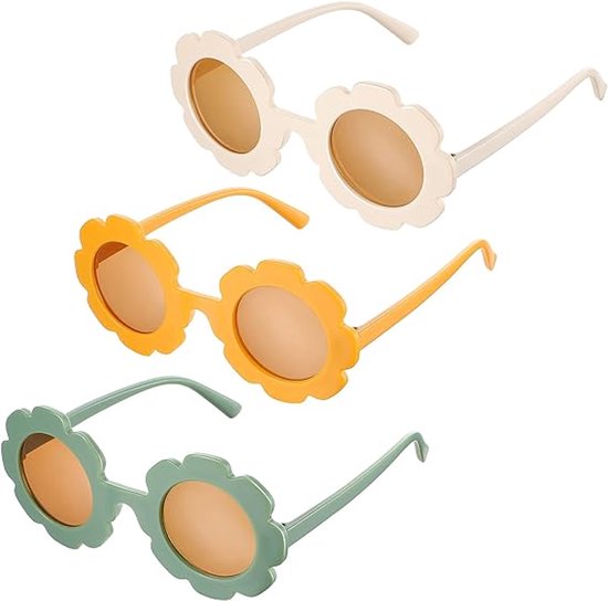 3 Stuks - Kinder Zonnebril - Bloemvorm Zonnebrillen Voor Kinderen - Kinderzonnebrillen - Flexibel - Bescherming - Zonnebril Kind - Ultralicht - Zomerse Strandvakantiecadeaus Voor Jongens En Meisjes - 4-8 jaar - Beige, Geel en Groen