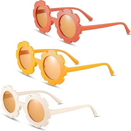 3 Stuks - Kinder Zonnebril - Bloemvorm Zonnebrillen Voor Kinderen - Kinderzonnebrillen - Flexibel - Bescherming - Zonnebril Kind - Ultralicht - Zomerse Strandvakantiecadeaus Voor Jongens En Meisjes - 4-8 jaar - Beige, Geel en Oranje