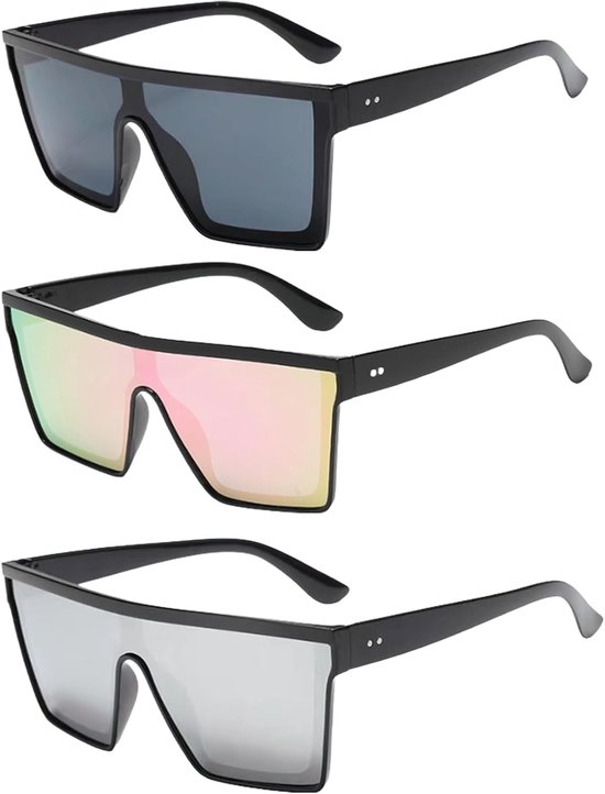3 stuks retro vierkante zonnebril, grote mode, platte top, groot frame, zonnebril, dames, heren, grote vierkante oversized zonnebril met UV400-bescherming