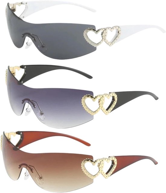 3 Stuks Y2K Randloze Wrap Around Zonnebril, Trendy Y2K Wraparound Heart Zonnebril, Randloze Wrap Around Zonnebril voor Vrouwen Mannen Geschikt voor Feestjes en Buitenactiviteiten