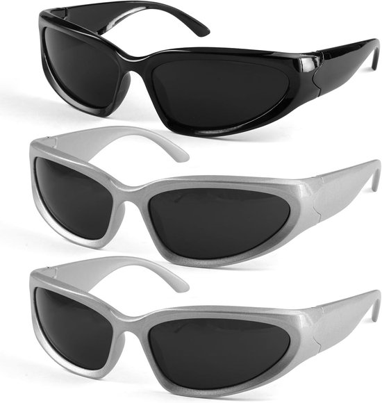 3 stuks Y2K Zonnebril, Futuristische Rechthoekige Technobril | Y2K Xonnebril, Gepolariseerde Sportbril, UV400-Bescherming voor Muziekfestivals, Fietsen, Hardlopen