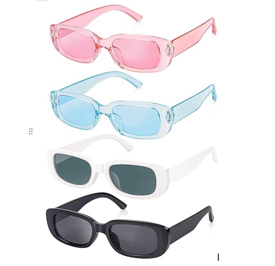 4-delige retro zonnebrillenset, stijlvolle rechthoekige gekleurde zonnebrillen met UV-bescherming tot 400, retro zonnebrillen met klein montuur voor zonbescherming. van Merkloos