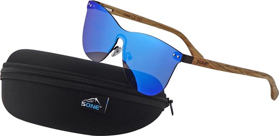 5one® Cyprus Flat Blue - Zonnebril met Houten poten - Spiegellens van 5one®