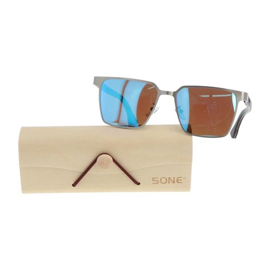 5one® Napoli Square Blue - Zonnebril met Houten poten - spiegelglas van 5one®