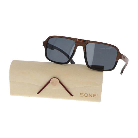 5one® Piloot Walnut Square - walnoot Houten Zonnebril - grijze lens van 5one®