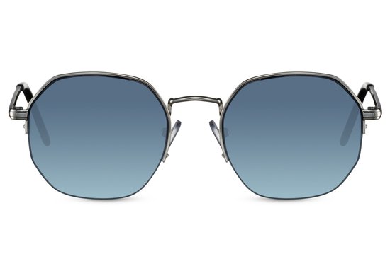 6129 Zeshoekige Hexagon Zonnebril | Retro & Classic Bril | Festival , Rave Bril | Carnavalsbril | Unisex Zonnebril | Zonnebril Dames & Heren | Blauw lens | Zonnebril Zilver kleur Koper montuur| Trendy Party & Outdoor Bril + brillen sleeve & doek