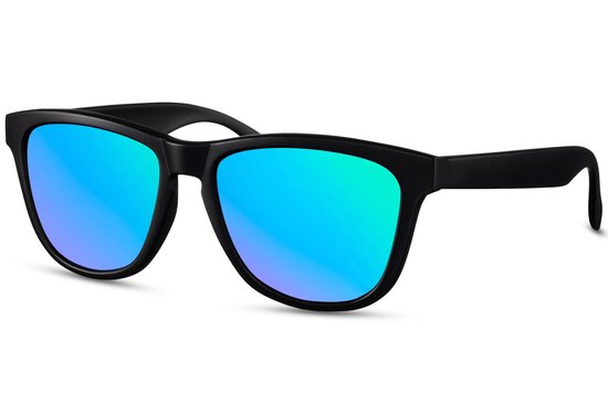 6314 Solo-Solis Zonnebril | Hipster & Vintage Zonnebril | Retro & Classic Bril | Festival Bril | Carnavalsbril | Unisex Zonnebril | Zonnebril Dames & Heren | Blauw Gespiegeld | Mat Zwart Montuur | Trendy Party & Outdoor Bril + brillen sleeve & doek van Merkloos