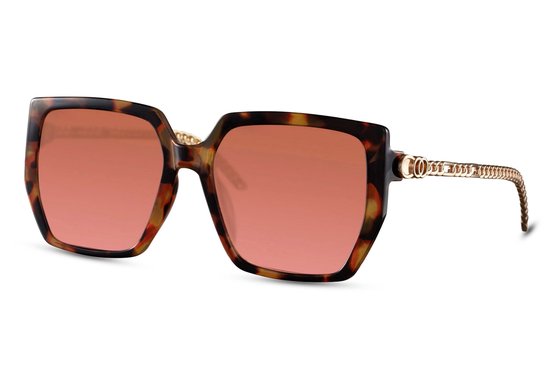 6411 Solo-Solis Oversized Shield Zonnebril | Roze Transparante Lens | Bruin Montuur & Gouden Pootjes | Hipster & Vintage Bril | Retro & Classic | Festival & Carnavals Bril | Dames | Trendy Party & Outdoor Bril | Inclusief Brillen Sleeve & Brillendoek van Merkloos