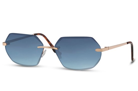 6494 Solo-Solis Zonnebril | Goud Montuur Zonnebril | Blauw Glazen Zonnebril | Randloze Zonnebril | Rimless Glasses | Dames & Heren | Festival & Rave Bril | Fashion Eyewear | Trendy Zomer Bril | Party & Outdoor Bril + Brillen Sleeve & Doek