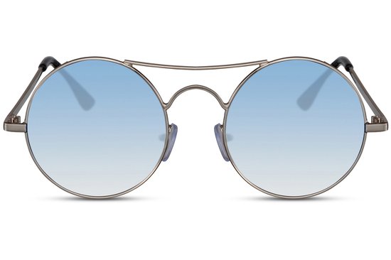 8032 Ronde Piloten Zonnebril | Uile Zonnebril | Retro & Classic Bril | Festival , Rave Bril | Hippie , Carnavalsbril | Zonnebril Dames & Heren | Blauwe lens | Zilver Metaal montuur |80's 90's Trendy Party & Outdoor Bril + brillen sleeve & doek