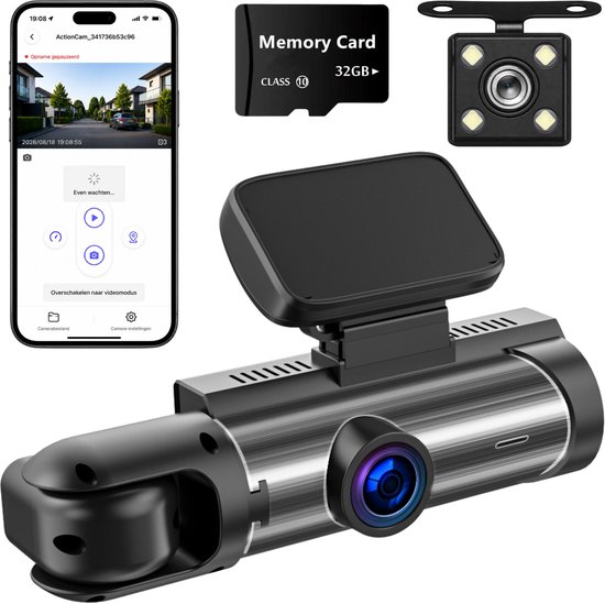 ADEL Dashcam voor Auto met 3 Camera’s, 1080P Full HD & Nachtzicht - WiFi & App - Voor, Binnen & Achter Camera - Incl. 32GB SD Kaart & NL Handleiding