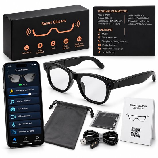 AI Smart Glasses met 8MP Camera – Slimme Bril met AI Assistent, Vertaling, Beeldherkenning, Foto & Video, Bluetooth Bellen, Muziek & Microfoon – IP65 – Zwart