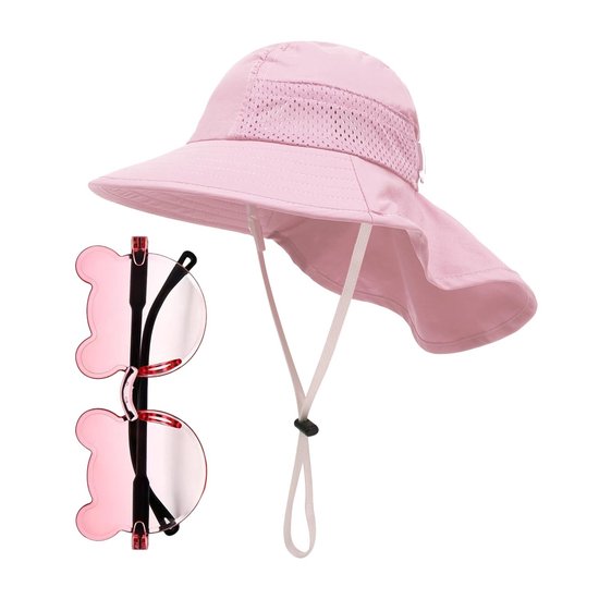 aladdien - Kindermuts en Kinderzonnebril - Ademend en Beschermend - Roze - Outdoor Zonnehoed - Schattige Zonnebril - Geschikt voor Kinderen - Hoofdo..